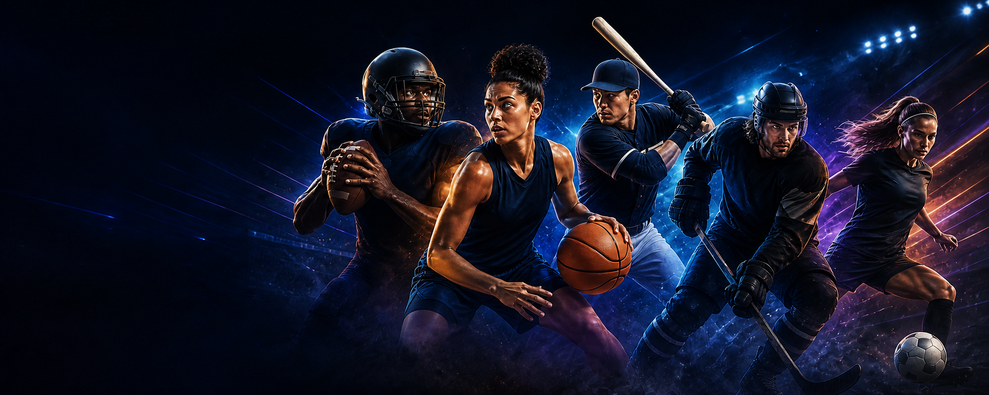 Fictional athletes representing football, basketball, baseball, hockey, and soccer